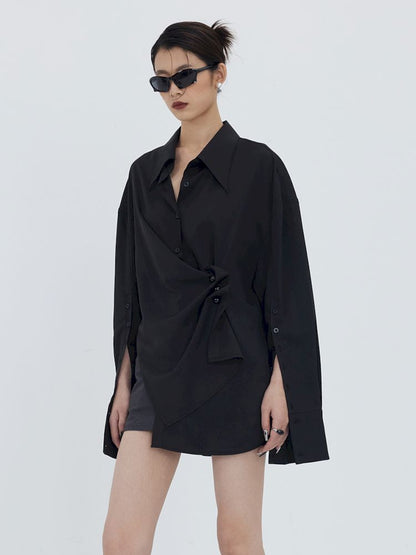 Asymmetric Hem Pleated Loose Pointed Collar Shirt