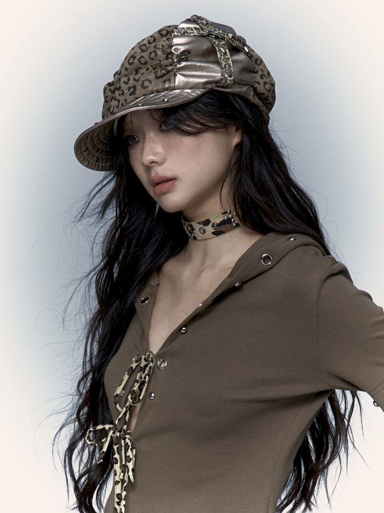 Punk Leopard Print Splicing Rivets Beret