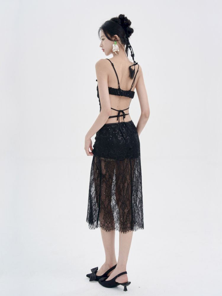 Black Lace Camisole + Low Waist Lace Half Skirt Set