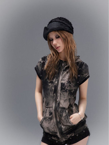 Drilling Short Sleeve Hooded Slim Top