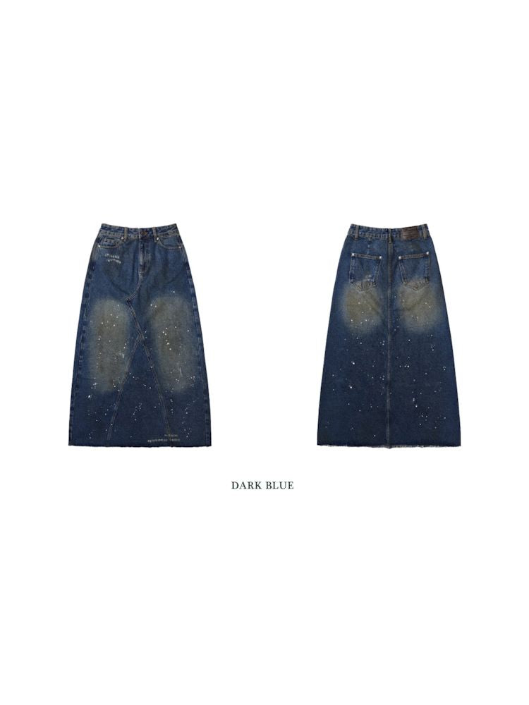 Washed splash ink flinging point spray denim bustier skirt