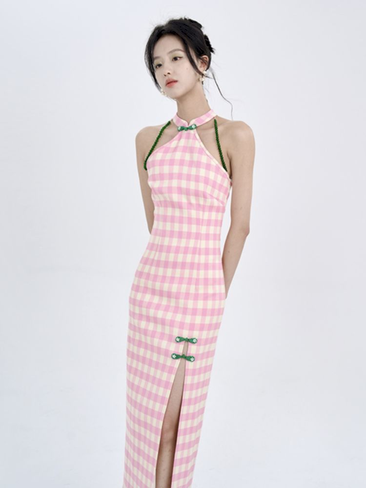 Pink Check Slim Long Cheongsam Dress