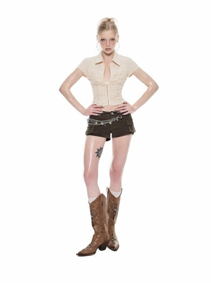 Studded Workwear Low Waisted Hipster Proportionate Shorts