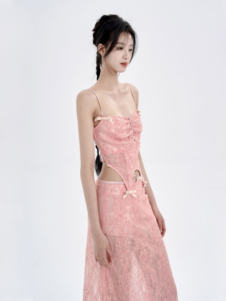 Peach Lace Camisole + Low Waist Lace Half Skirt Set