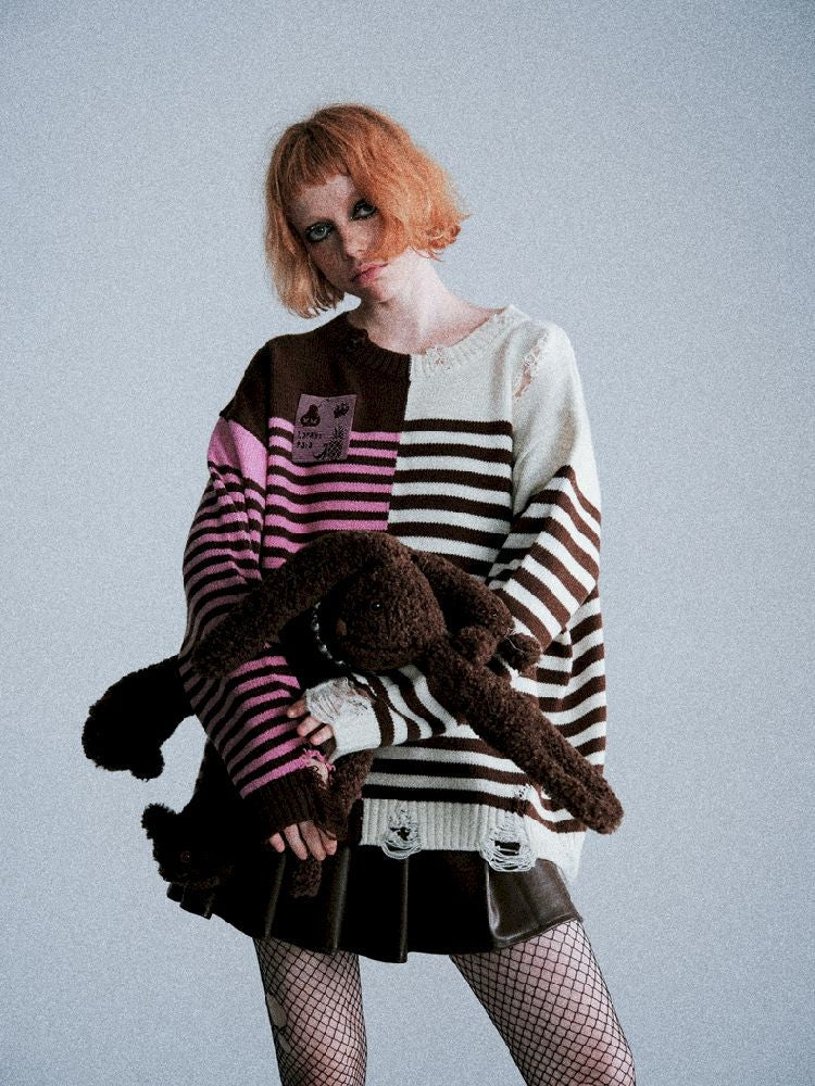 Color-Crossing Stripe Hole Breaking Knit Sweater