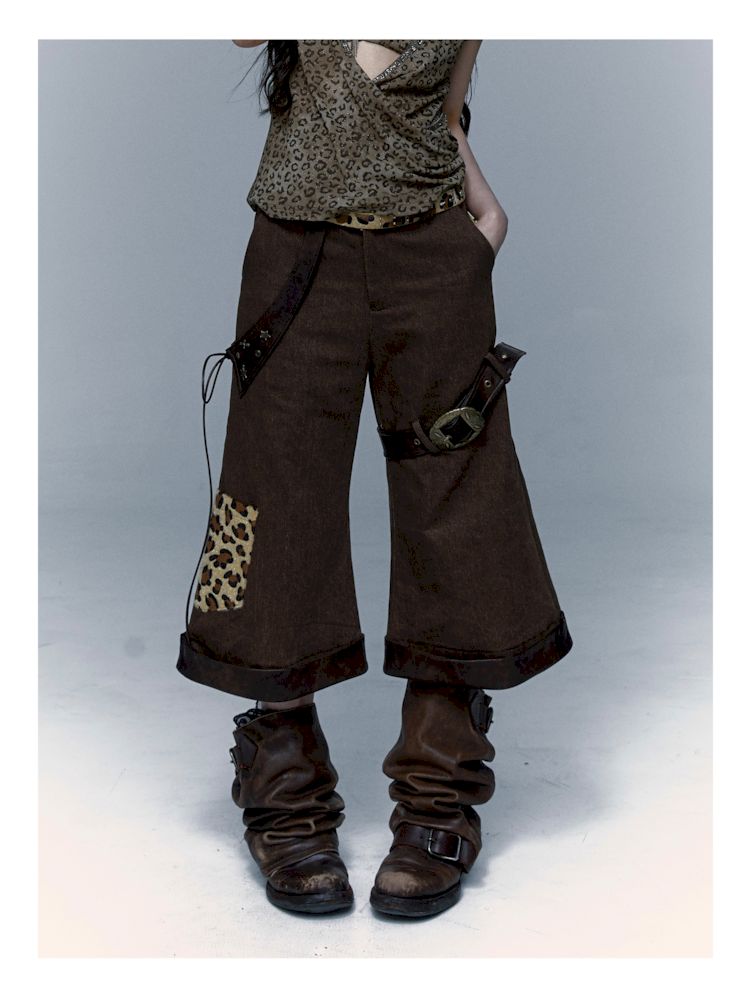 Leopard Leather Loose Low Waist Contour Seven Pants