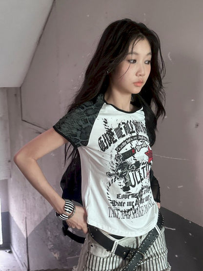 American Vintage Letter Embroidery Knit Short Sleeve T-Shirt