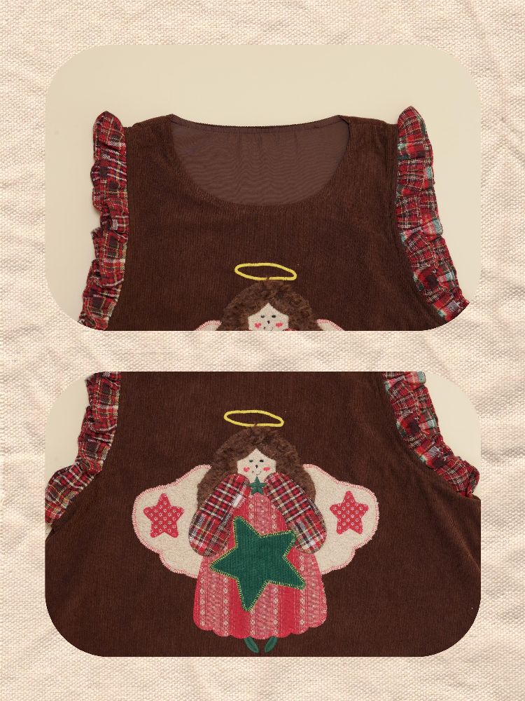 Cherub Color Plaid Appliqué Corduroy Vest Dress