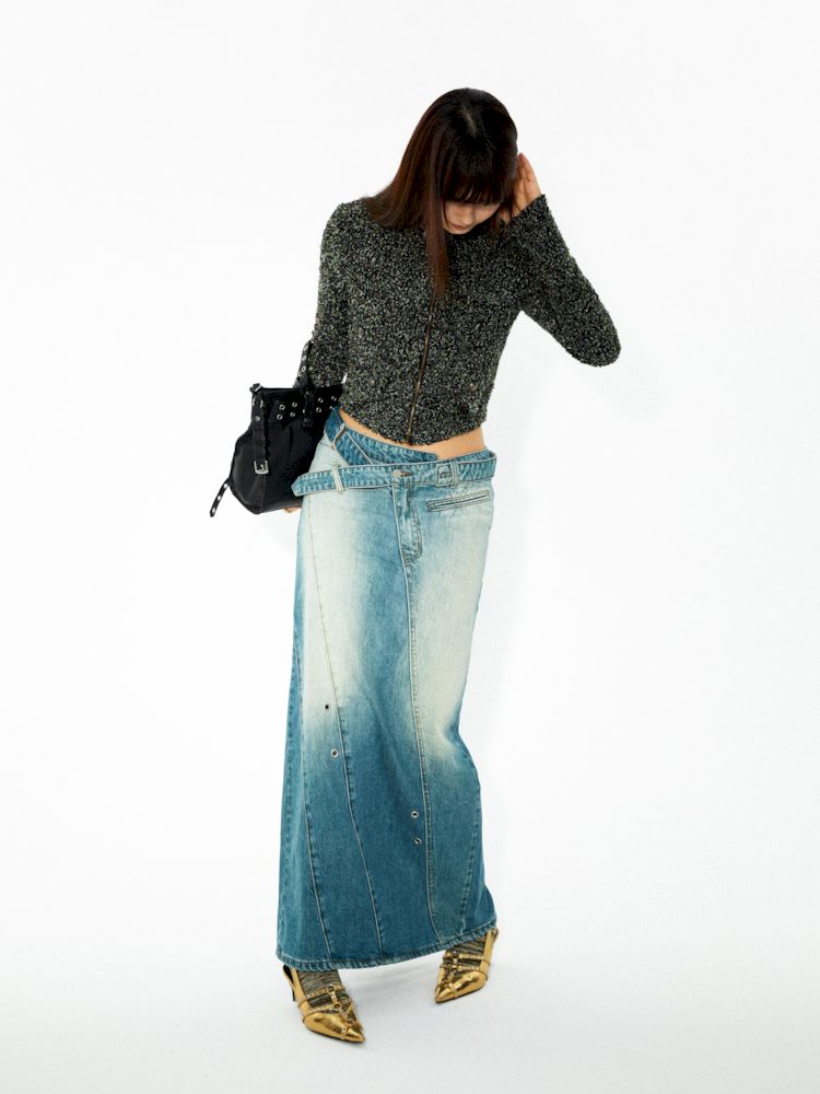 Washed denim slimming straight long half skirt