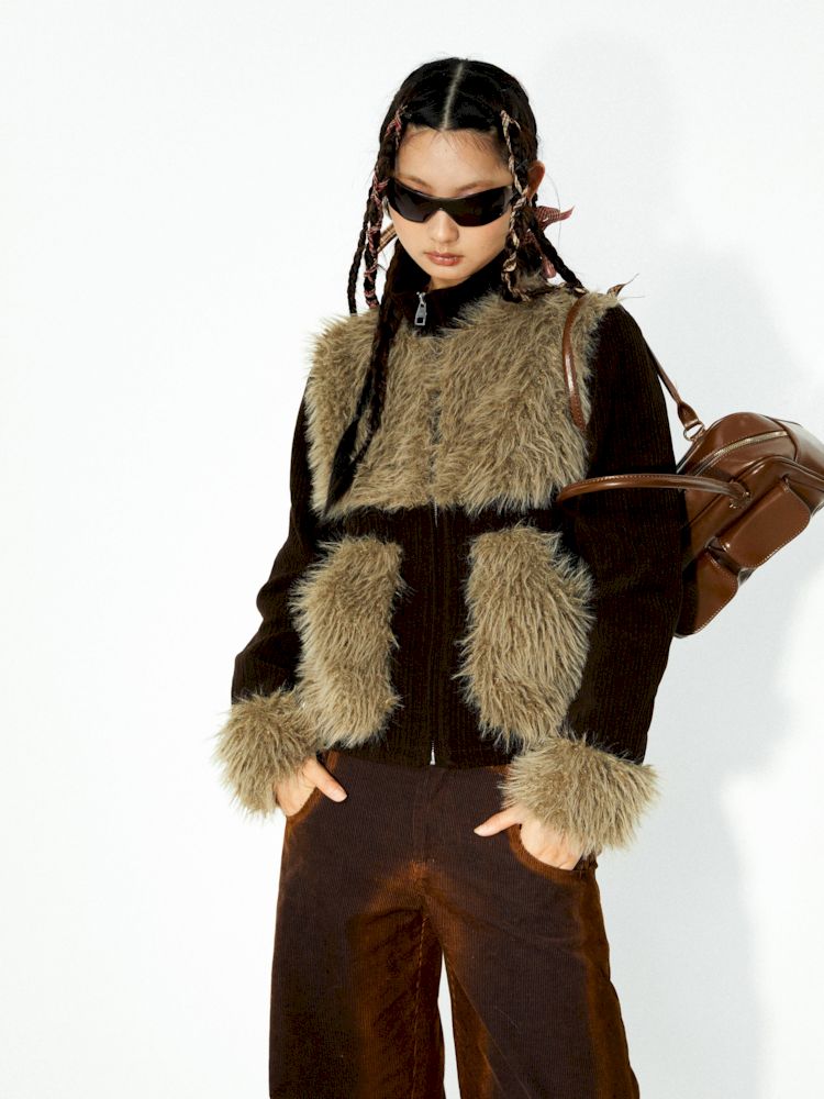 Corduroy Patchwork Fur Small Coat