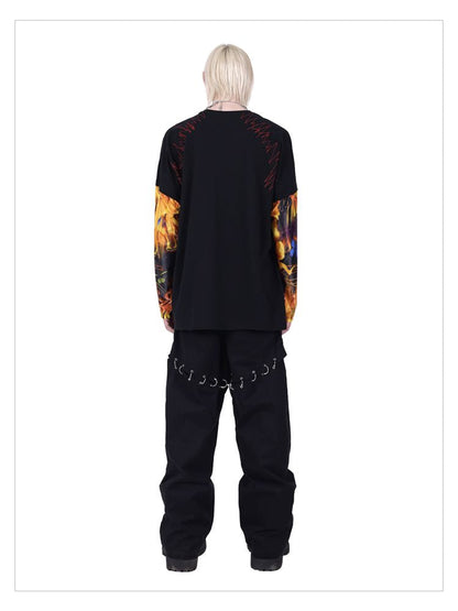 Flame Cat Concept Genderless Loose Street Patchwork Sleeve T