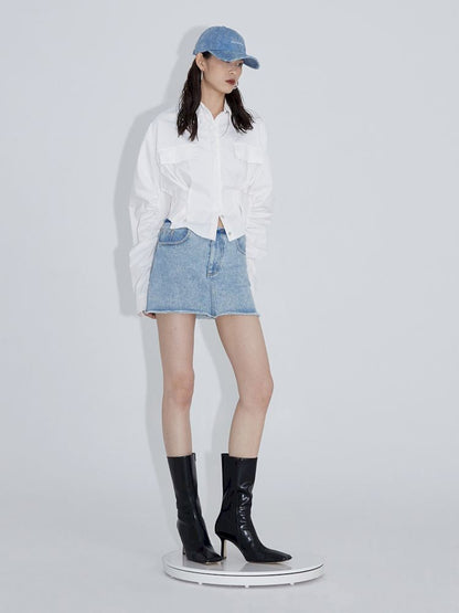 Pinch pleated broken holes Raw edge denim skirt