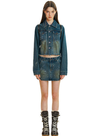 Heavy industry splash ink spray denim short skirt