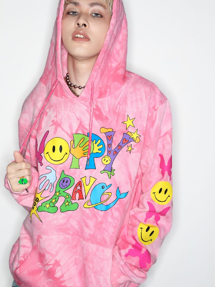 Smiley Pink Tie-Dye Hooded Sweatshirt