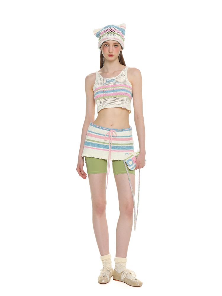 Cutout collision color striped bow tank top