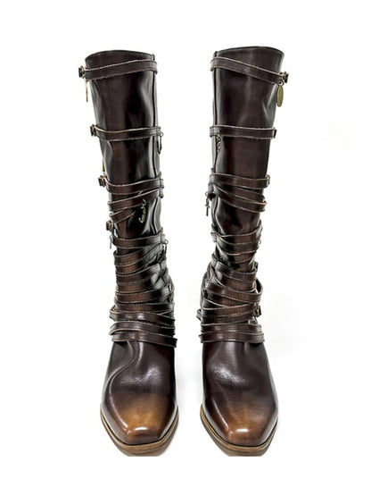 Scuffed Leather Stacked Lace Up Boots