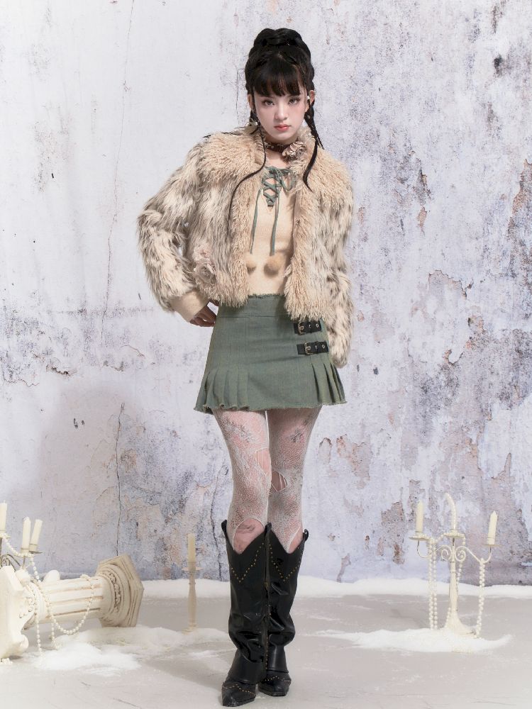 Beige Stripe Patchwork Fox Fur Coat