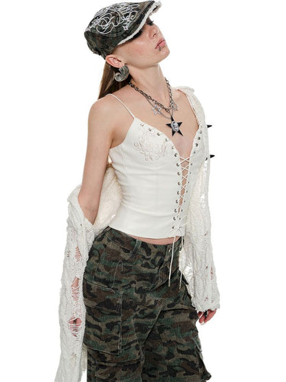 Lace up leather thin Shoulder Camisole Vest