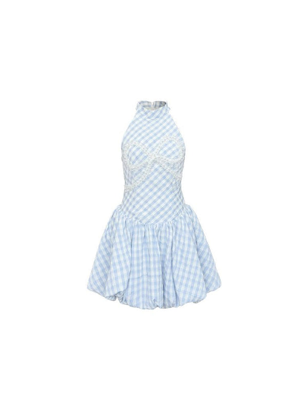 Plaid Pearl Bow Waisted Short Dress