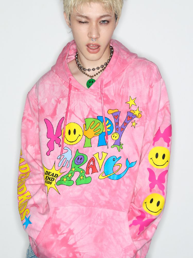 Smiley Pink Tie-Dye Hooded Sweatshirt