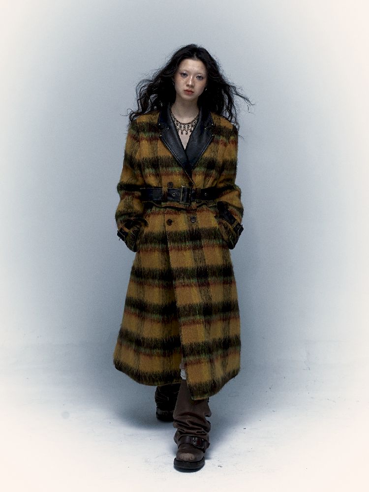 Reversible plaid patchwork leather trench coat