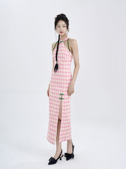 Pink Check Slim Long Cheongsam Dress