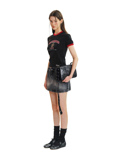 Gradient Spray Horsebit Worn Tie Flower Denim Short Skirt