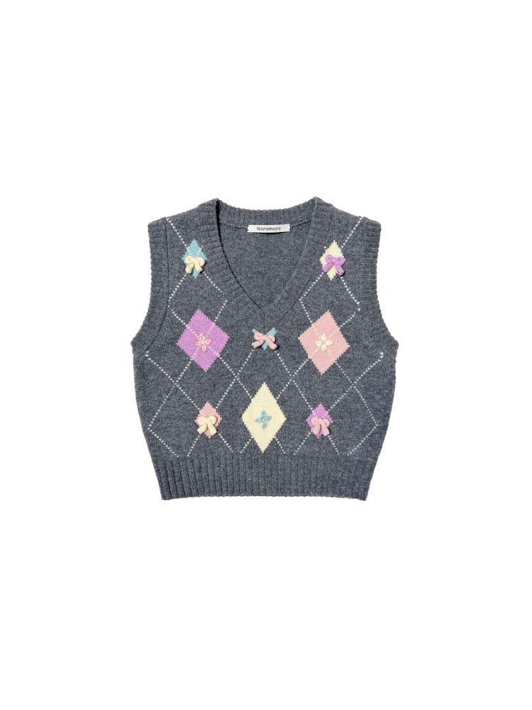 Colourful Bow Ringer V-Neck Short Sleeveless Knit Vest