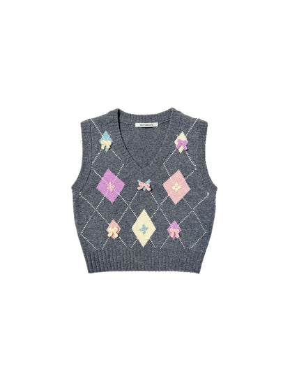 Colourful Bow Ringer V-Neck Short Sleeveless Knit Vest