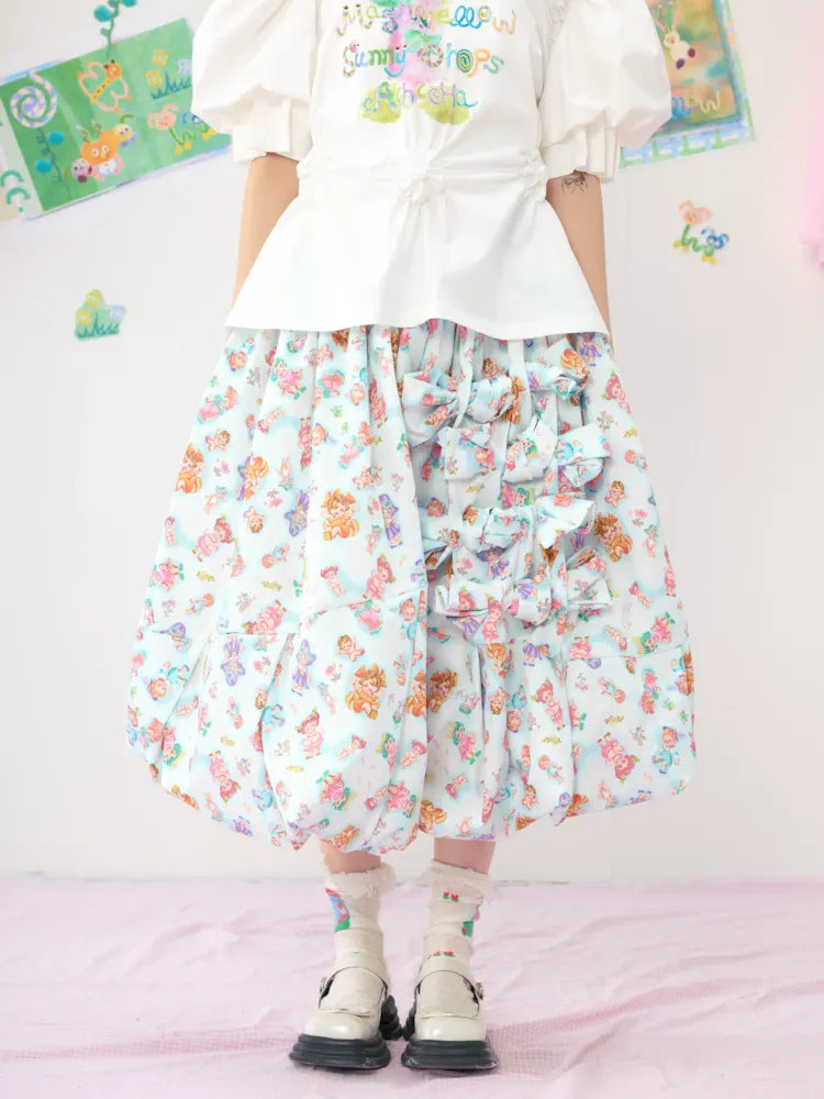 Colourful Printed Bowknot Blue Large Silhouette Half Skirt