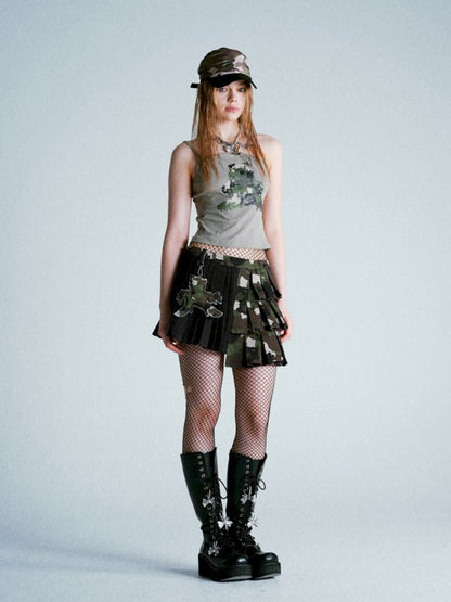 Patchwork Camouflage Pleated Skirt