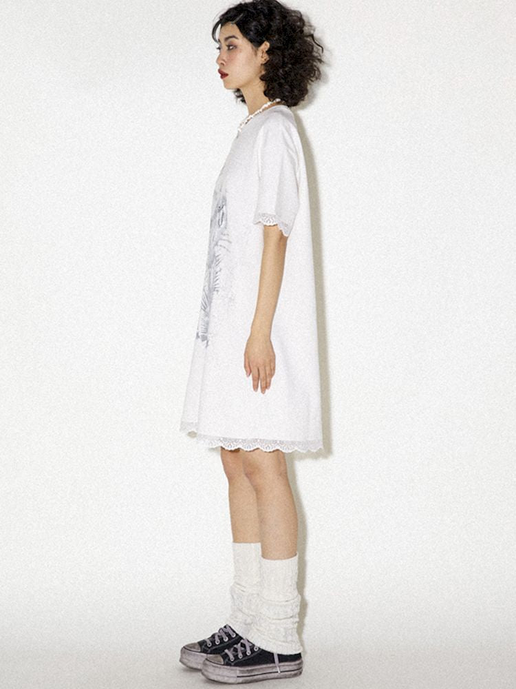 Lace Splicing Printed T-Shirt Dress