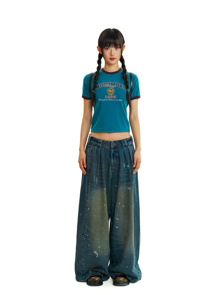 Baggy dragging wide leg denim trousers