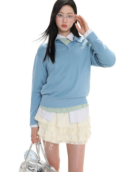 Polo collar long-sleeved jumper