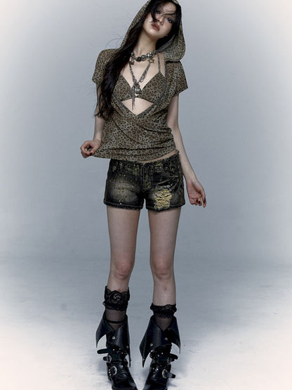 Metallic Leopard Mesh Hooded Hottie Short Sleeve T-Shirt