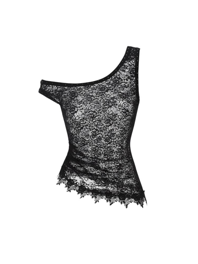 Slant Shoulder Asymmetric Lace See Through Overlay Vest