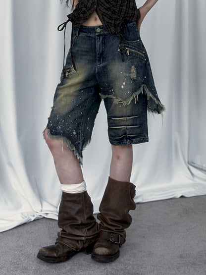 Punk street washed and worn wide-leg jeans