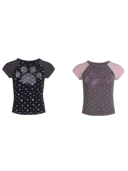 Cat Paw Love Mosaic Spice Girl Patchwork Short Sleeve