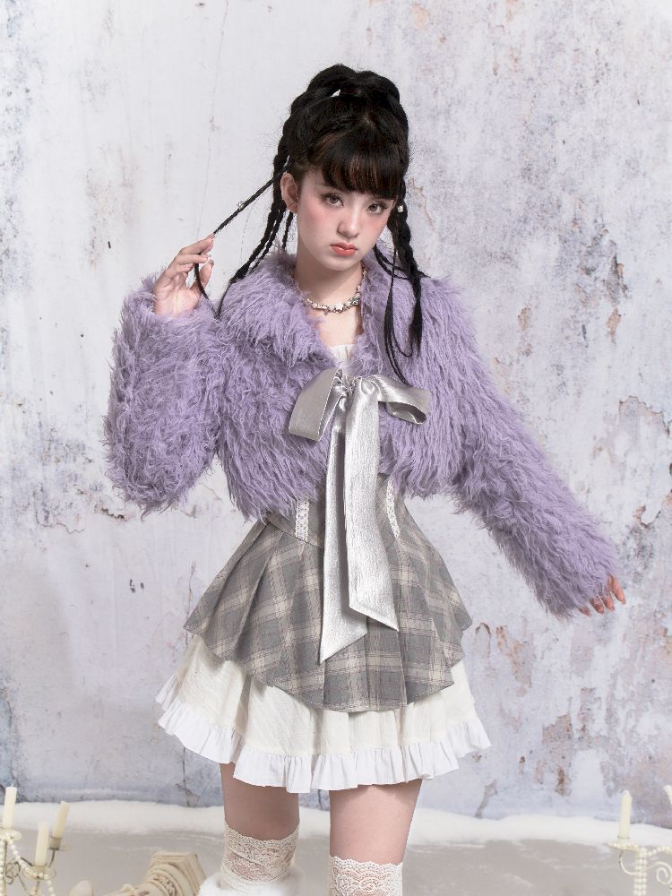 Purple Fox Fur Bow Shoulder Jacket