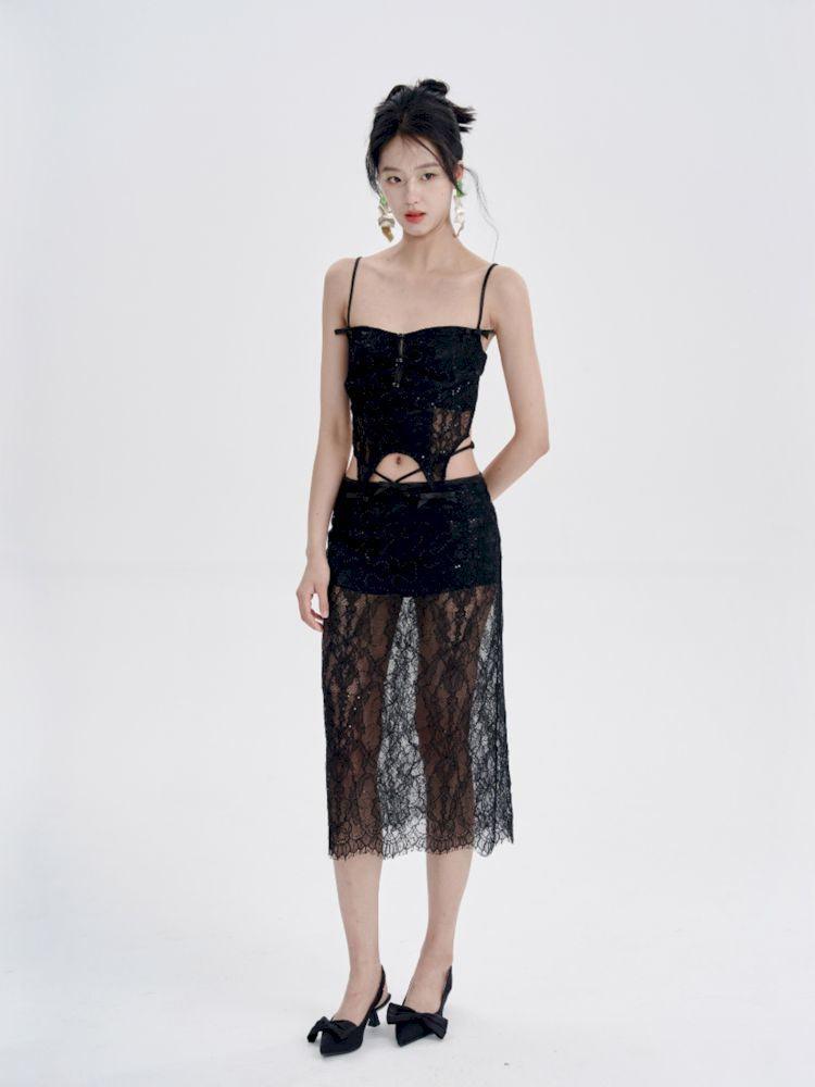 Black Lace Camisole + Low Waist Lace Half Skirt Set