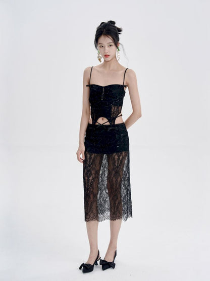 Black Lace Camisole + Low Waist Lace Half Skirt Set