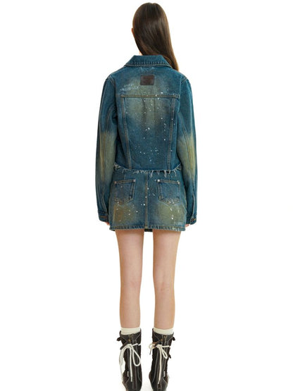 Heavy industry splash ink spray denim short skirt