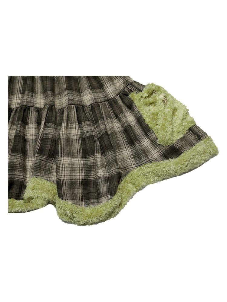 Bunny Doll Green Brown Plaid Petal Dress