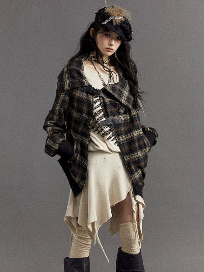 Loose plaid asymmetrical sweater jacket