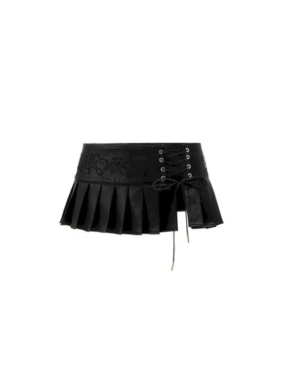 Short Leather Pleated Splicing Waistband