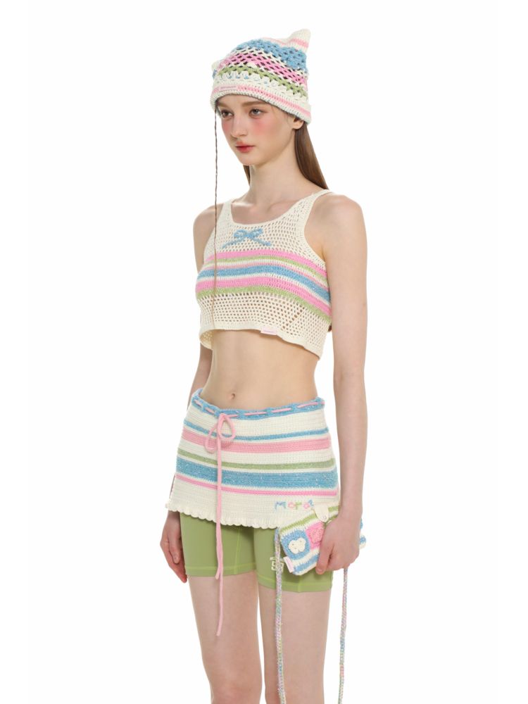 Cutout collision color striped bow tank top