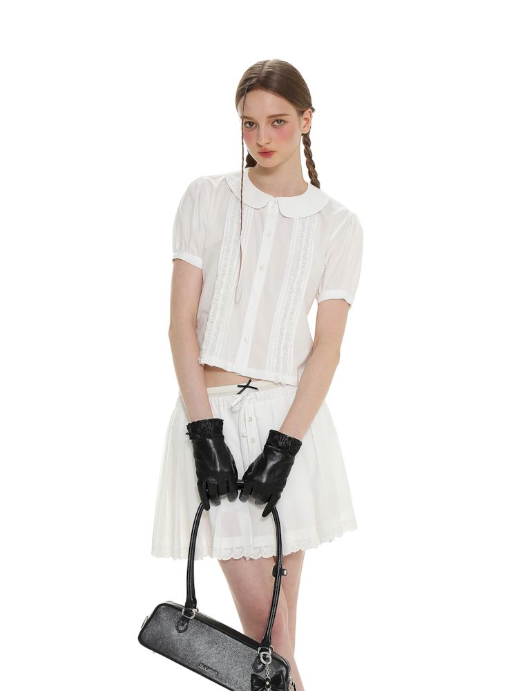 Doll Collar Lace Short Sleeve Shirt With Shell Button Placket Drawstring Pleated Short Skirt