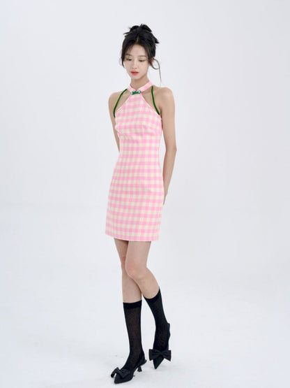 Pink Check Slim Short Dress