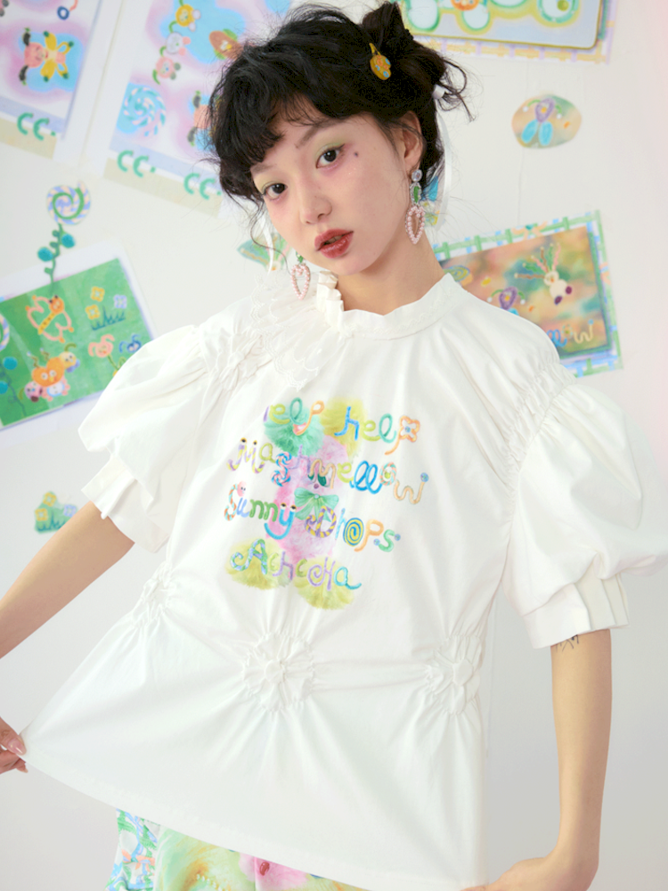 Lace Drawstring Bubble Sleeve White Tee