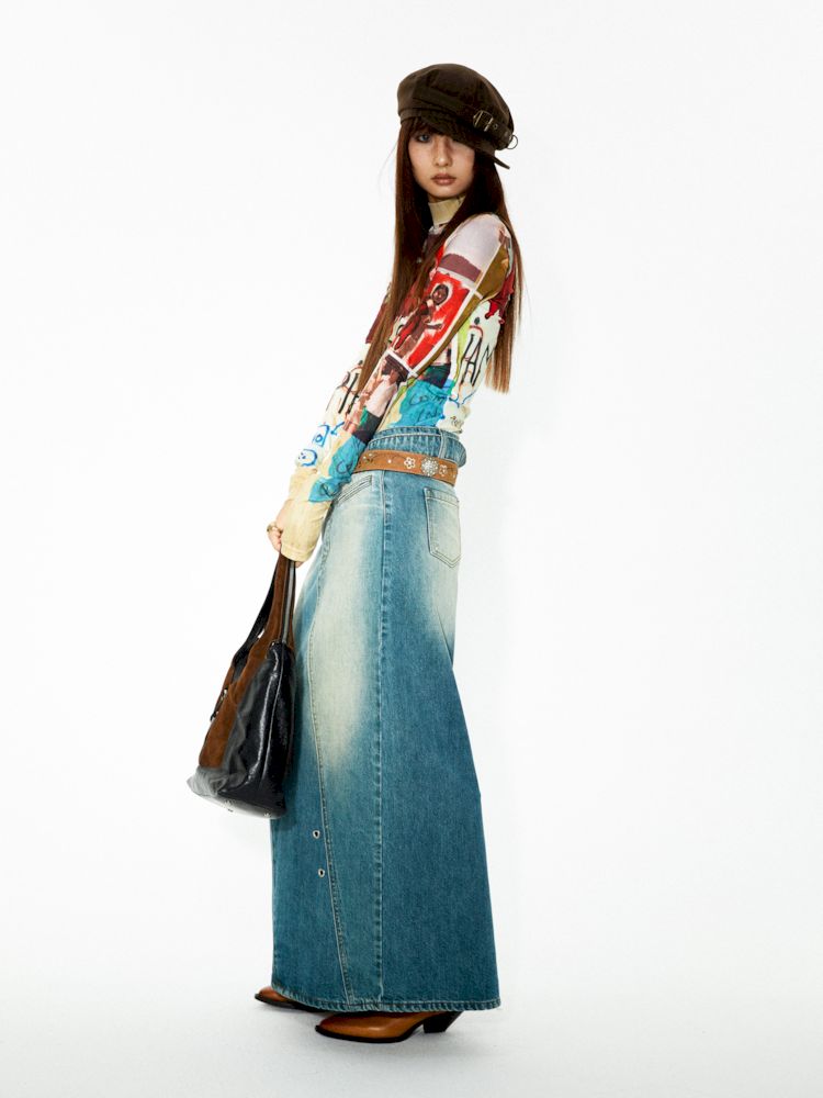 Washed denim slimming straight long half skirt